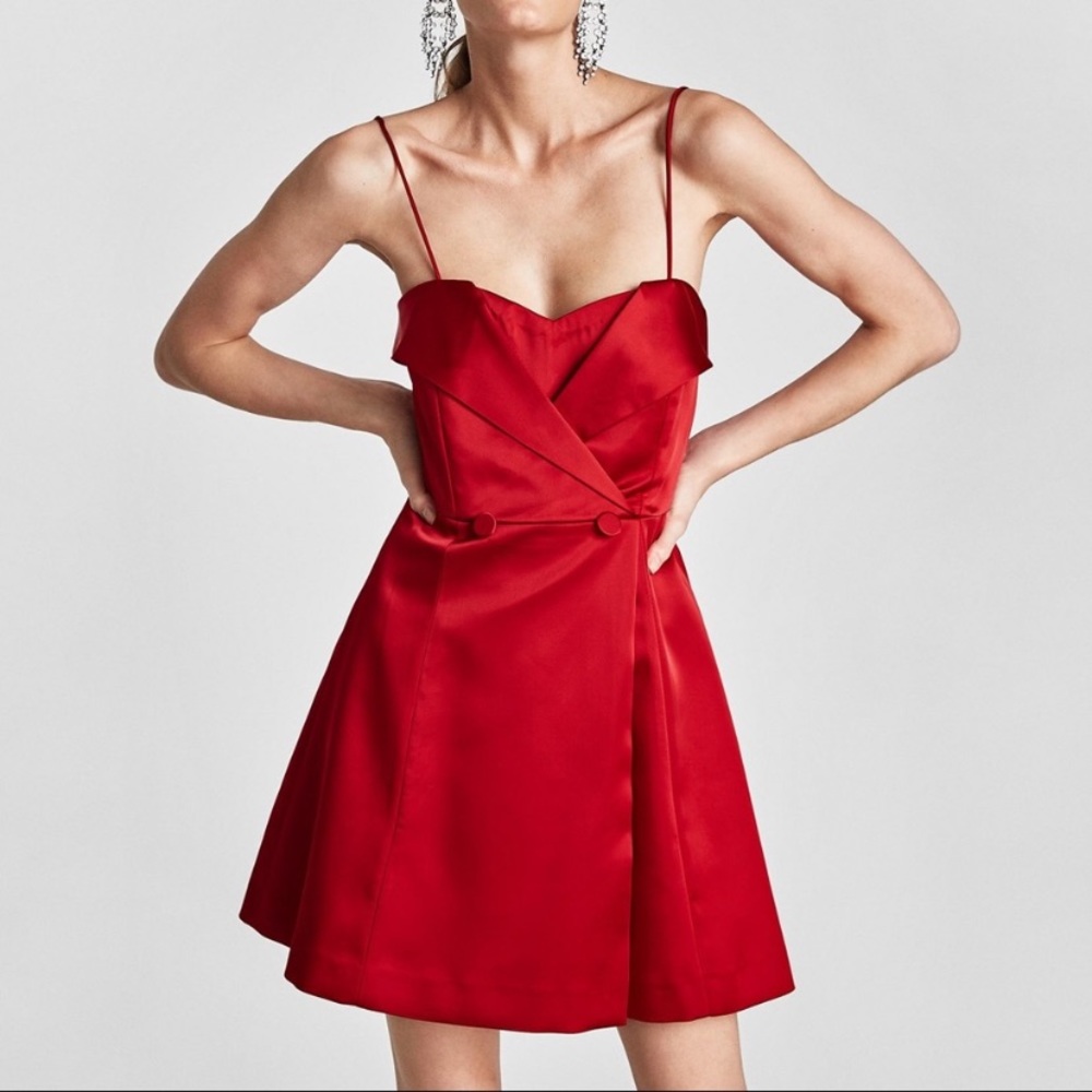 Zara Red Satin Tuxedo Spaghetti Strap Dress New NWT G25002